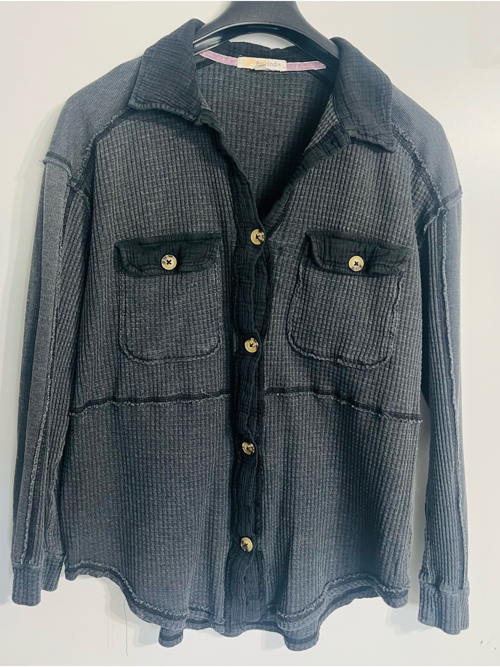 Women’s Rewind Black Waffle-Knit Button Front Shacket